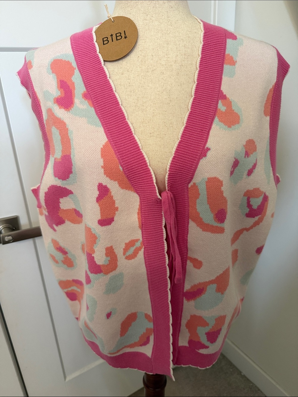 BiBi Pink Tie-Front Leopard Print Sweater Vest